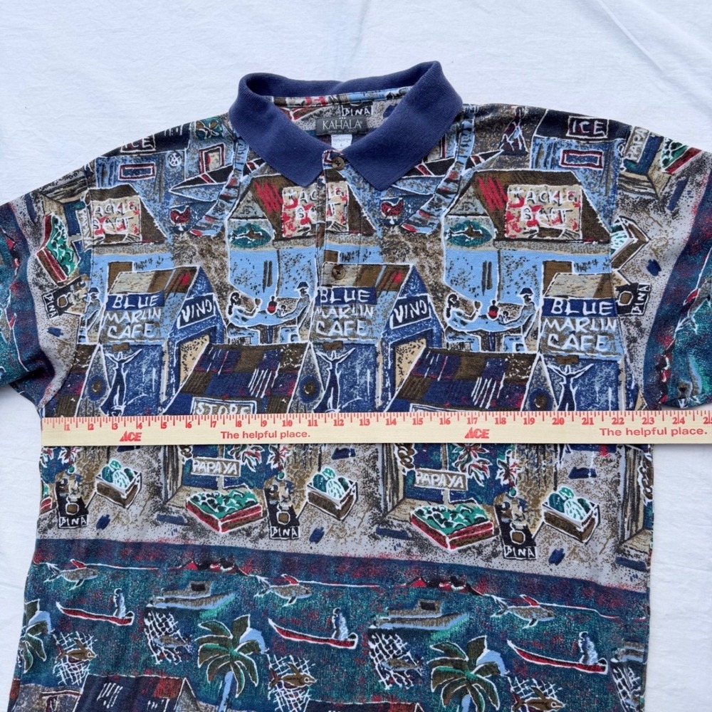 Vintage 90s Kahala Hawaiian Polo Shirt Mens Large Blue Marlin Cafe AOP - Picture 5 of 6